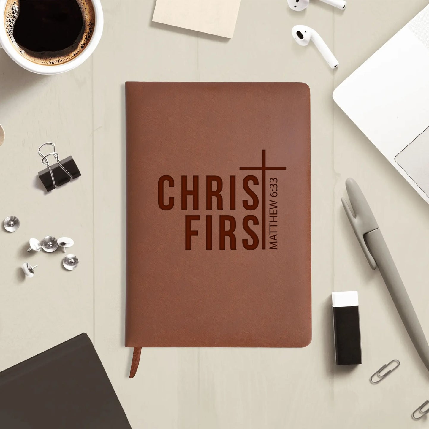 Matthew 6:33 Christ First Engraved Brown Christian Journal Diary Gift for Friends Family