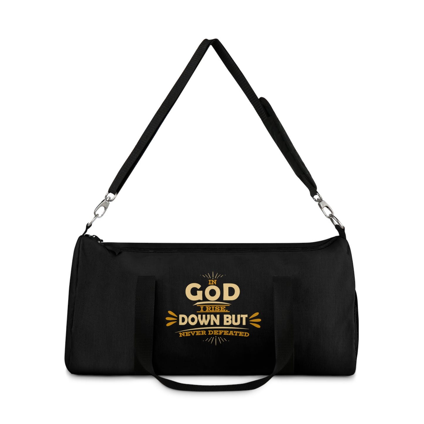 In God I Rise Down But Never Defeated Christian Duffel Bag Printify