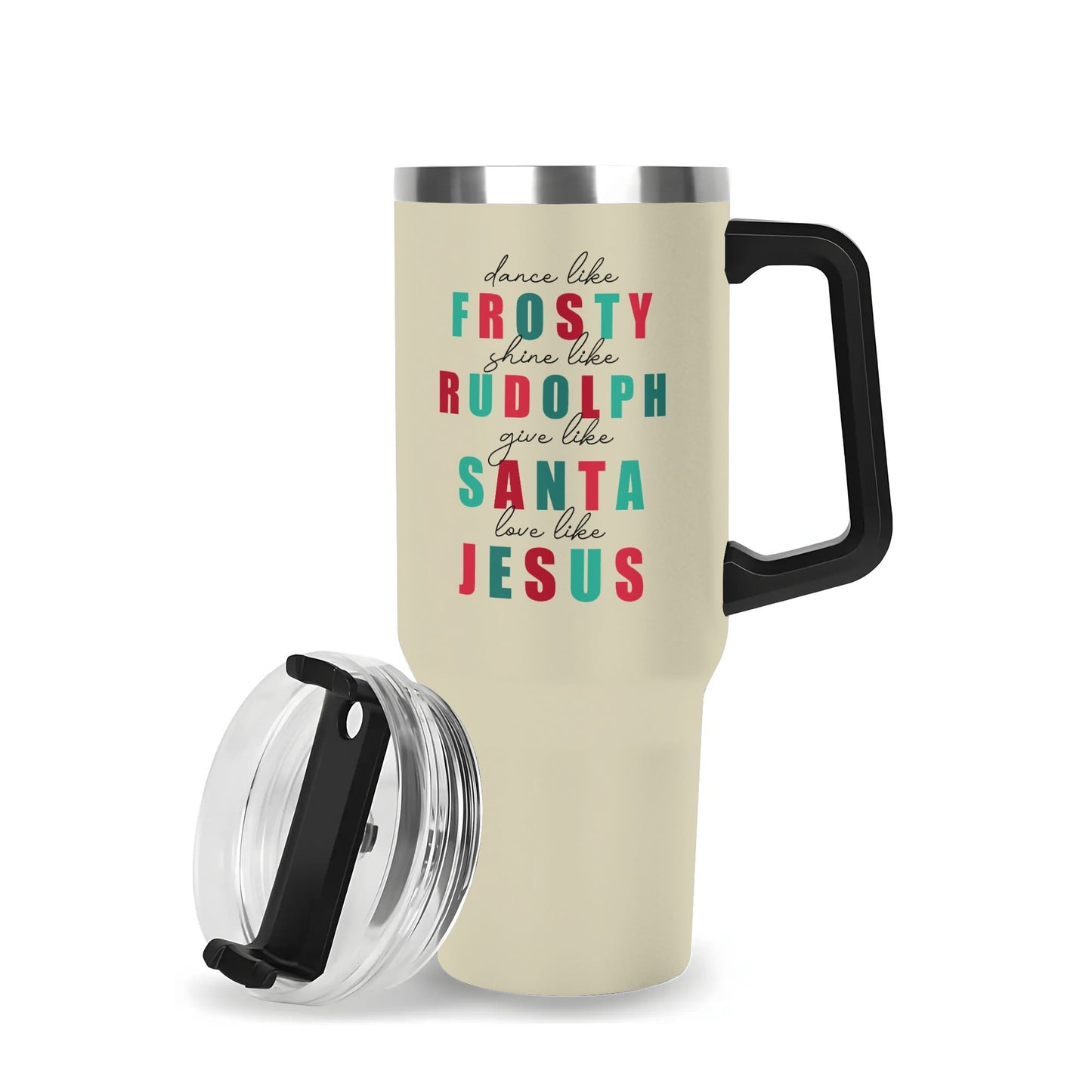 Dance Like Frosty Love Like Jesus (Christmas Themed) 40oz Stainless Steel Christian Tumbler Gift With Black Handle and Straw