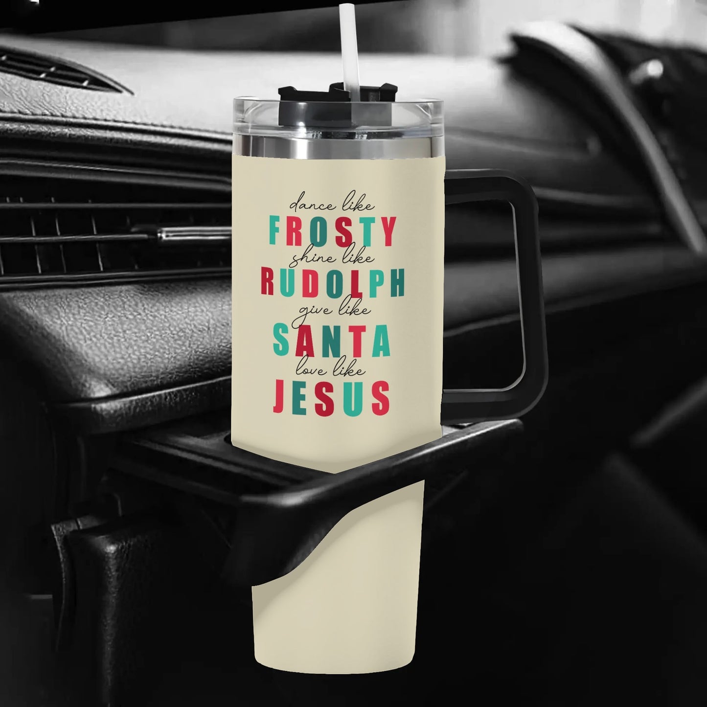 Dance Like Frosty Love Like Jesus (Christmas Themed) 40oz Stainless Steel Christian Tumbler Gift With Black Handle and Straw