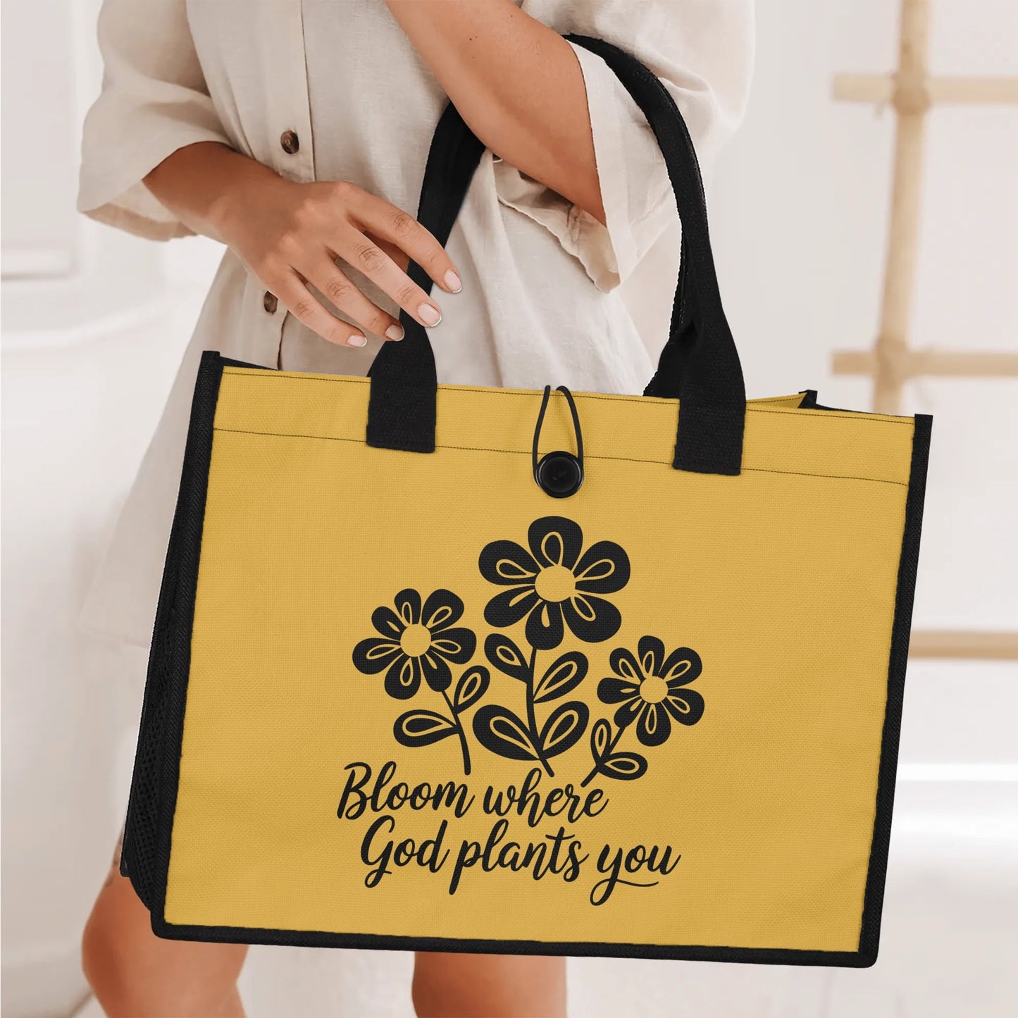 Bloom Where God Plants You Christian Premium Canvas Tote Bag（3 layers）