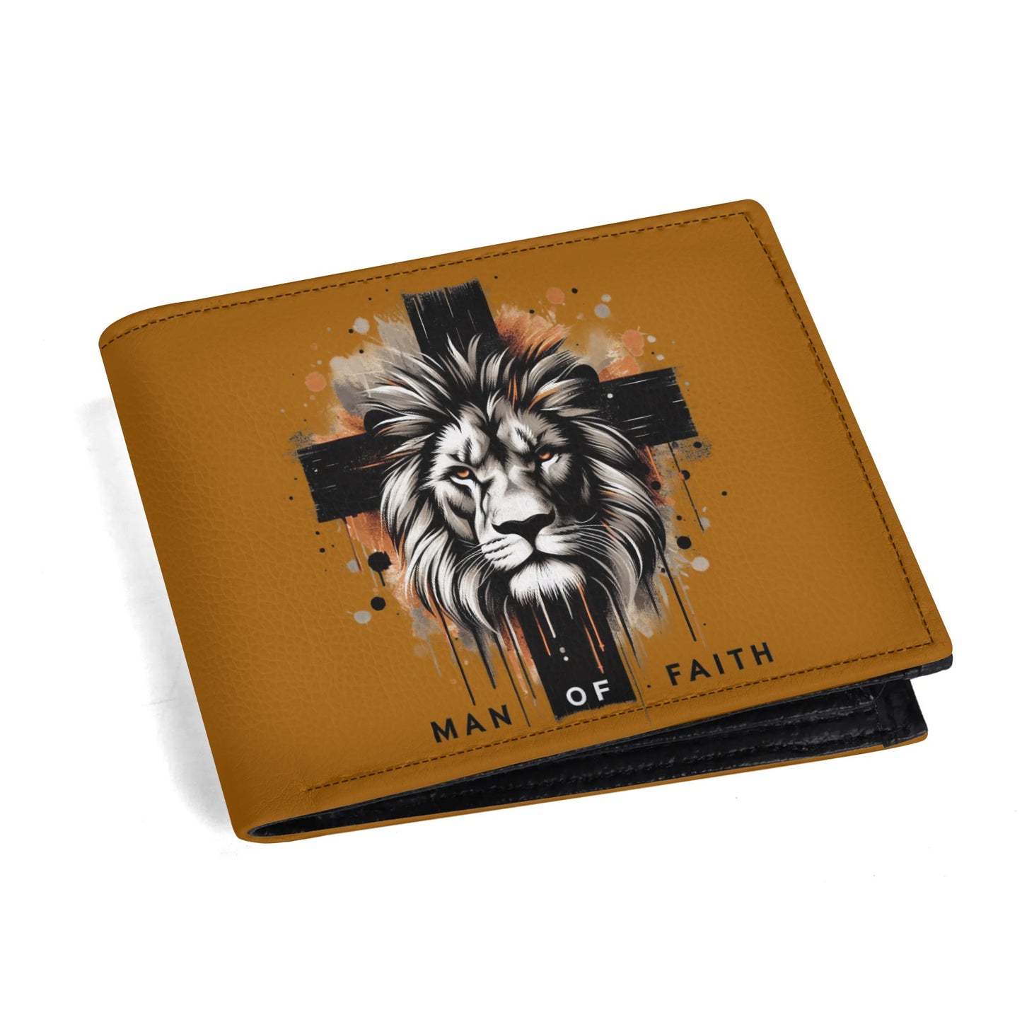 Man Of Faith (lion cross) Mens Minimalist PU Leather Christian Wallet