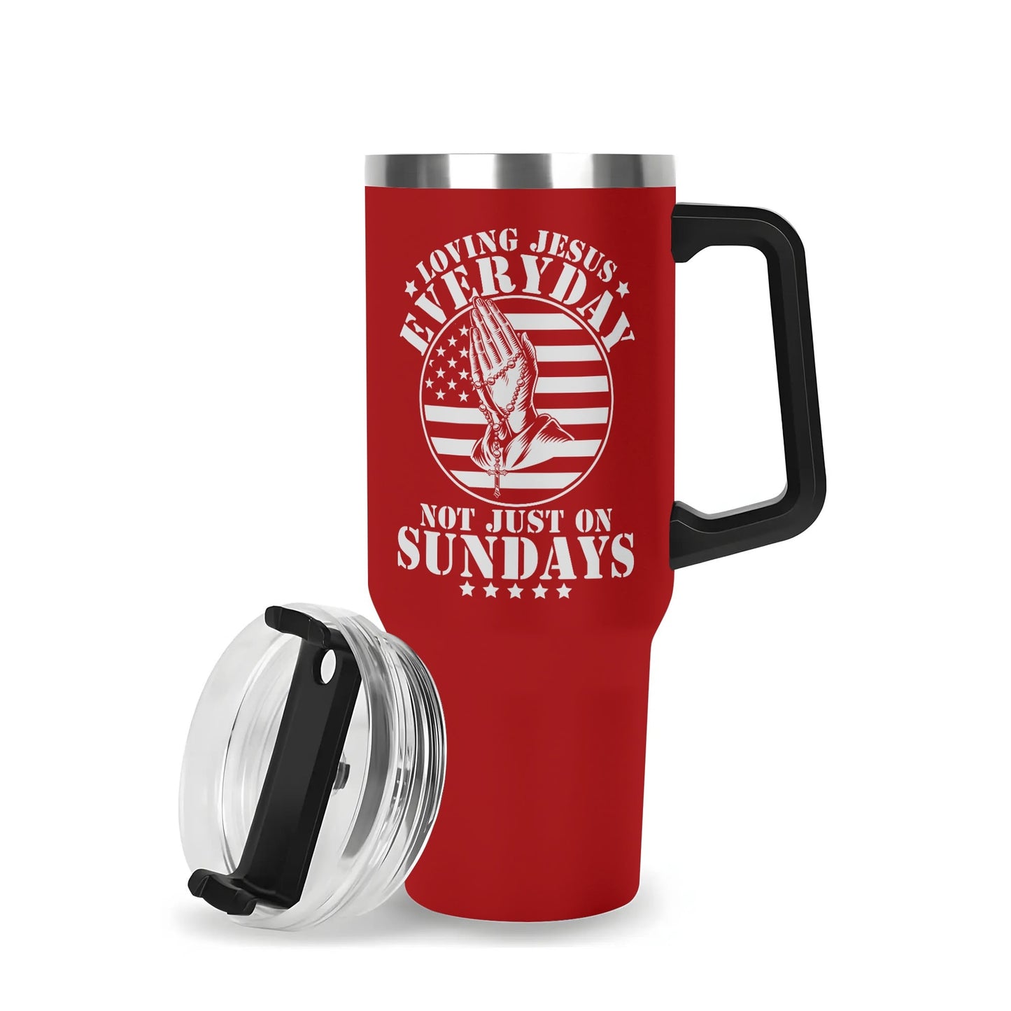 Loving Jesus Everyday Not Just On Sundays American Patriotic 40oz Stainless Steel Christian Tumbler Gift With Black Handle and Straw