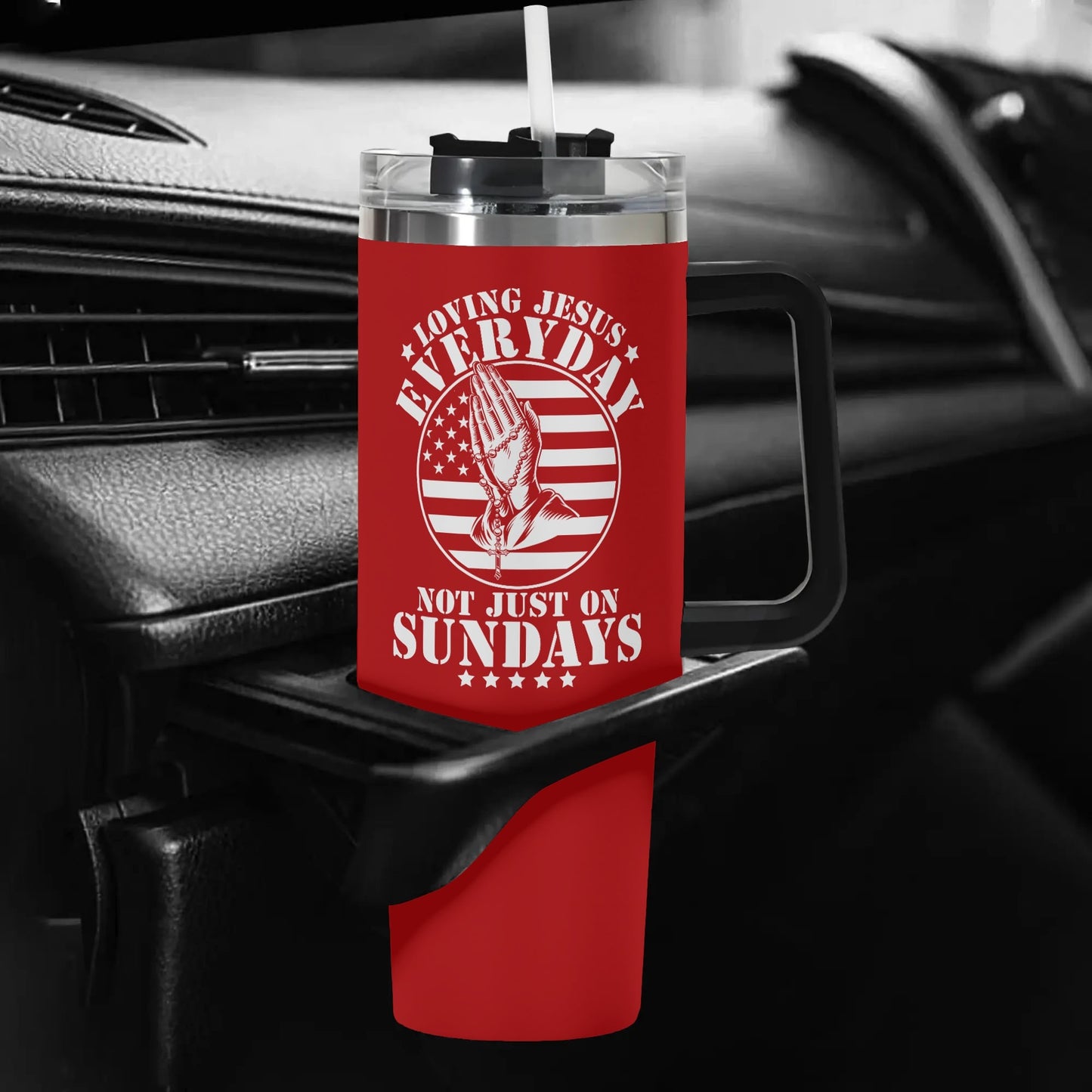 Loving Jesus Everyday Not Just On Sundays American Patriotic 40oz Stainless Steel Christian Tumbler Gift With Black Handle and Straw