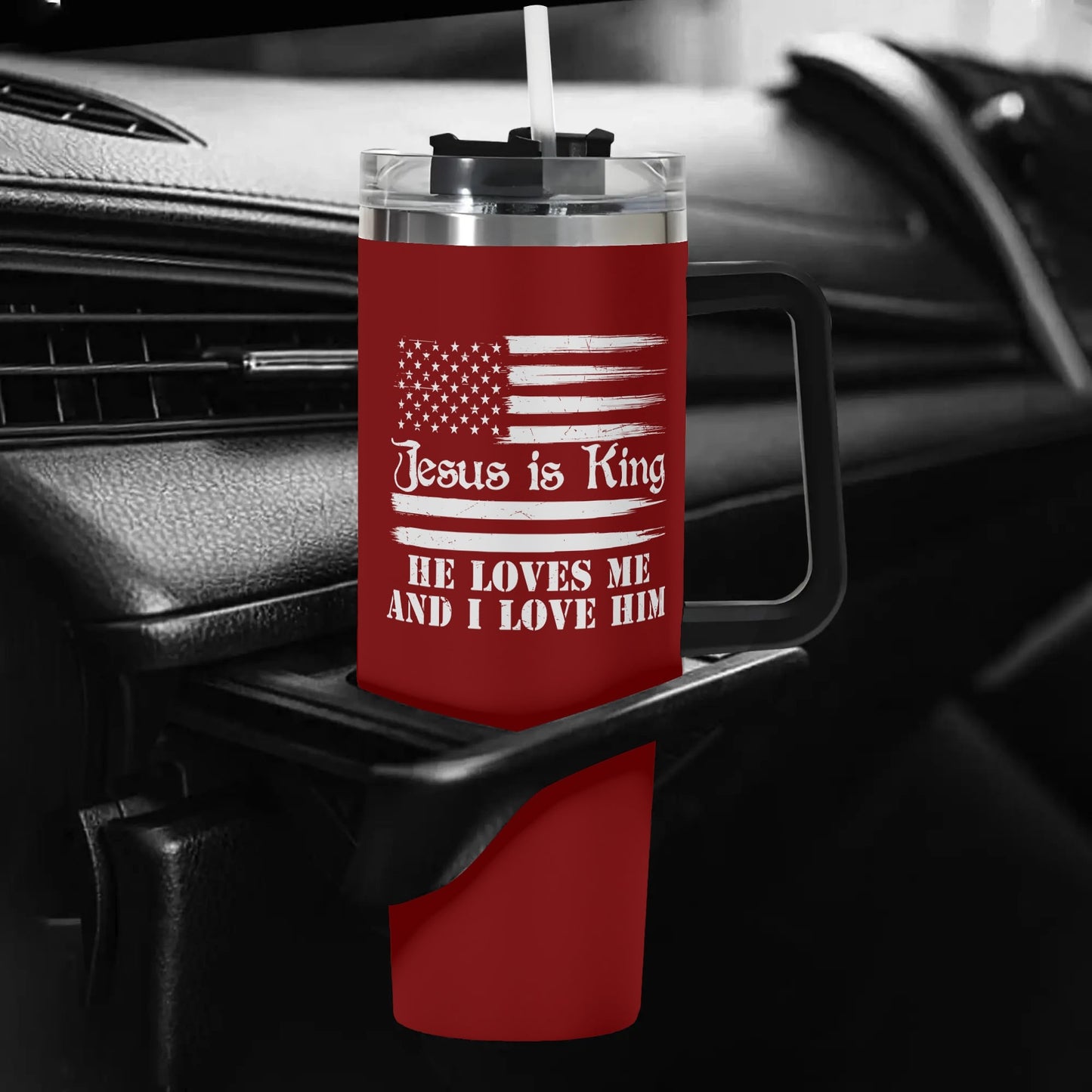 Jesus Is King He Loves Me And I Love Him American Patriotic 40oz Stainless Steel Christian Tumbler Gift With Black Handle and Straw