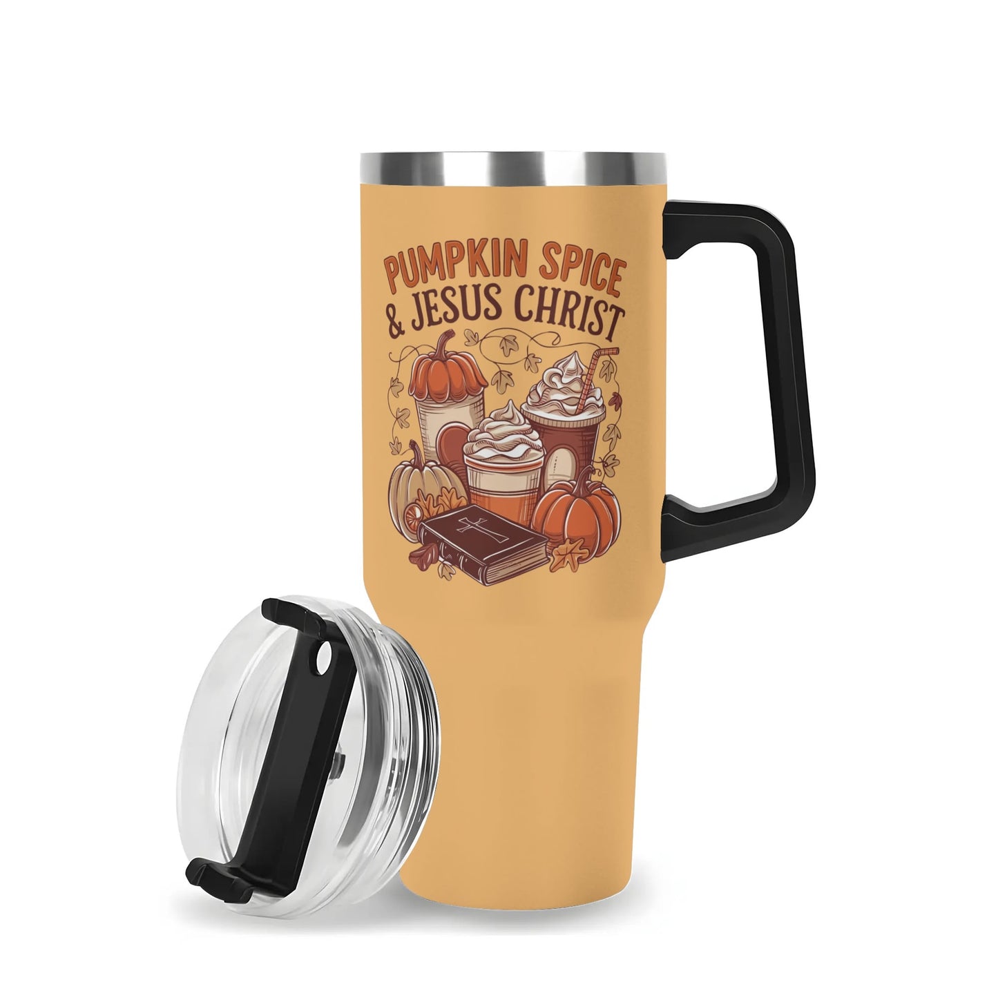 Pumpkin Spice And Jesus Christ 40oz Stainless Steel Christian Tumbler Gift With Black Handle and Straw