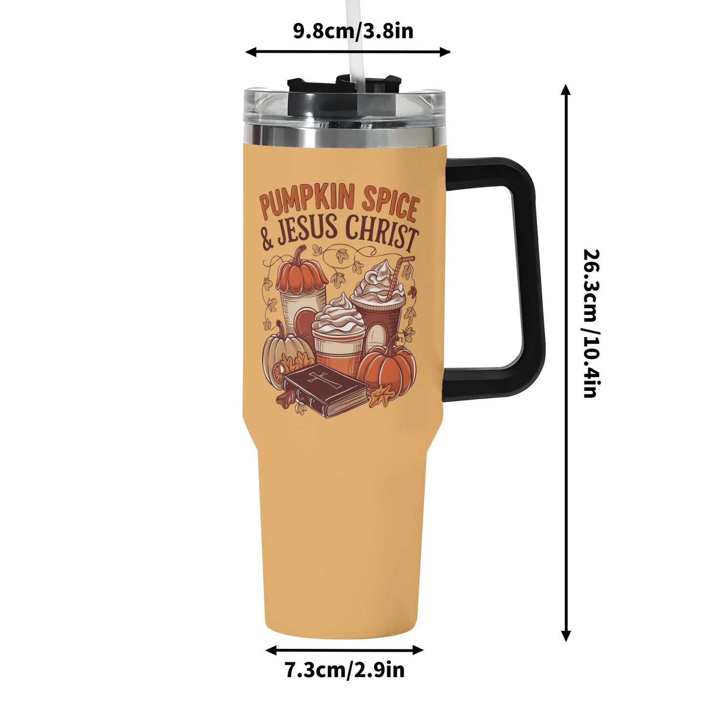 Pumpkin Spice And Jesus Christ 40oz Stainless Steel Christian Tumbler Gift With Black Handle and Straw