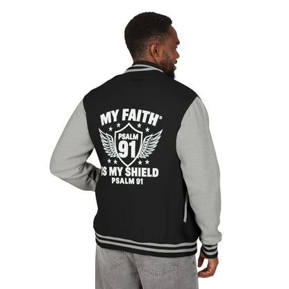 Letterman Jacket — “My Faith Is My Shield” 91 Vintage Varsity Jacket - ClaimedbyGodDesigns