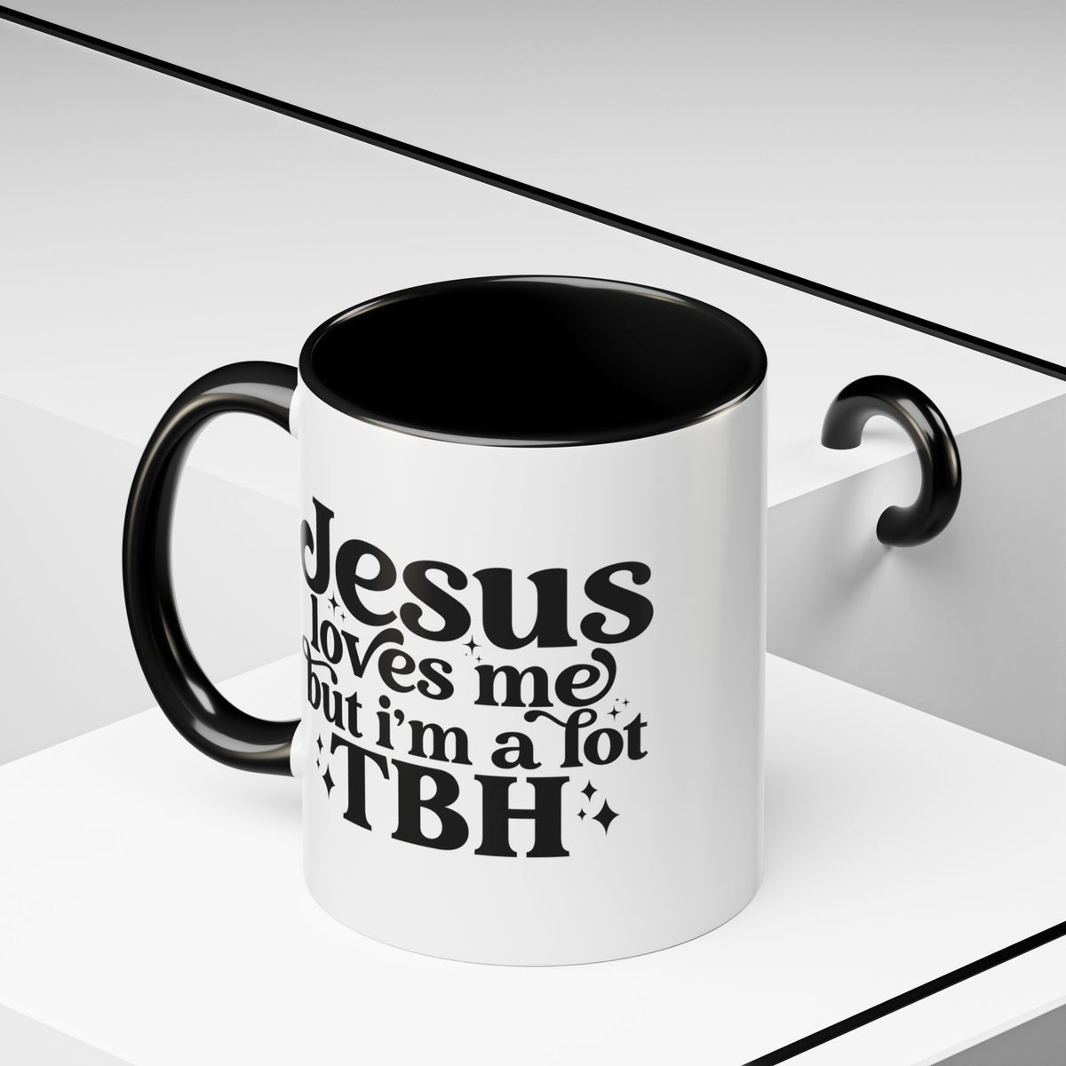 Christian Accent Coffee Mug — "Jesus Loves Me but I'm a Lot TBH" Religious Christian Gift