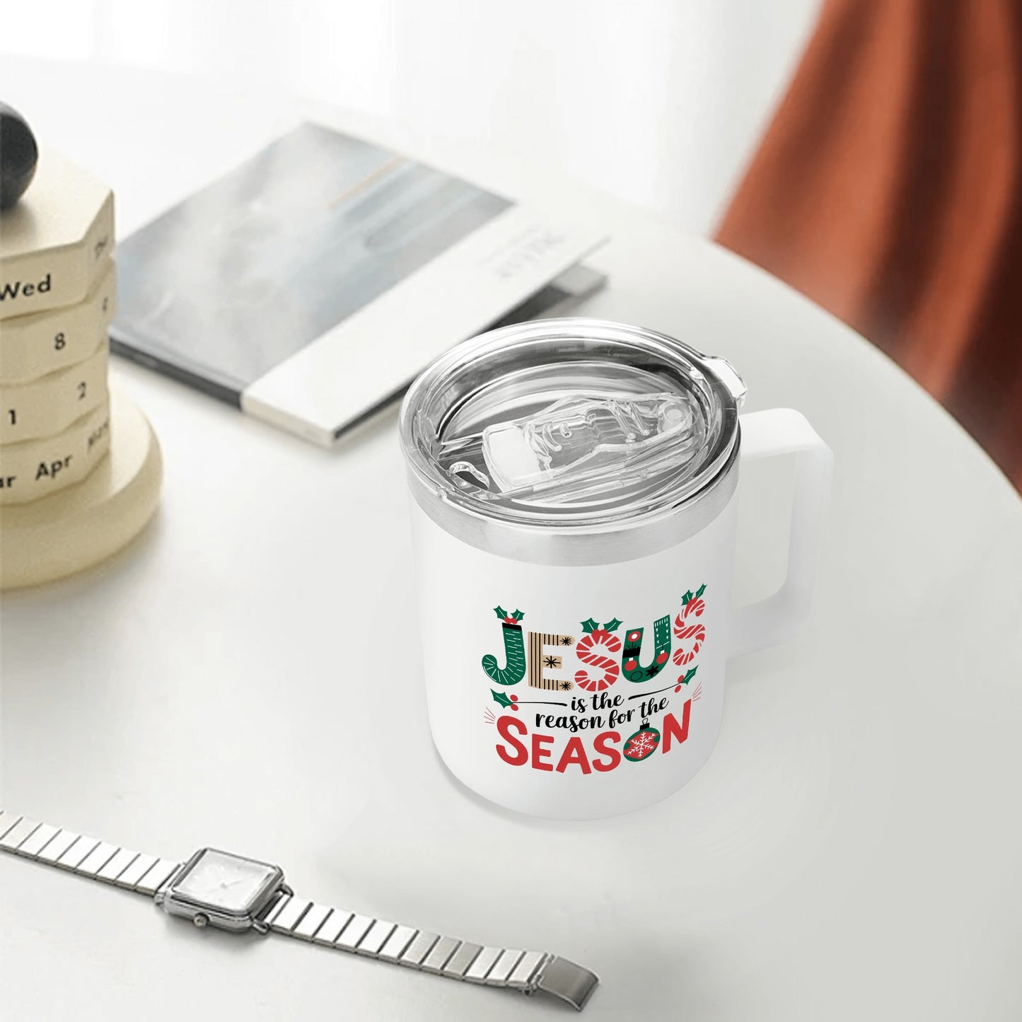 Jesus Is The Reason For The Season (christmas themed) Christian 12oz Stainless Steel Coffee Mug Coffee Cup with Lid and Handle