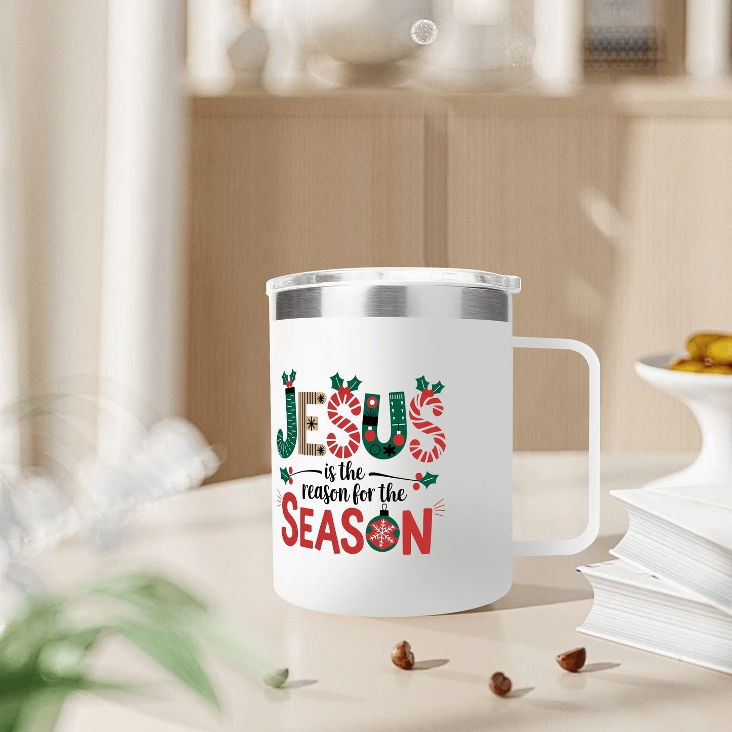 Jesus Is The Reason For The Season (christmas themed) Christian 12oz Stainless Steel Coffee Mug Coffee Cup with Lid and Handle