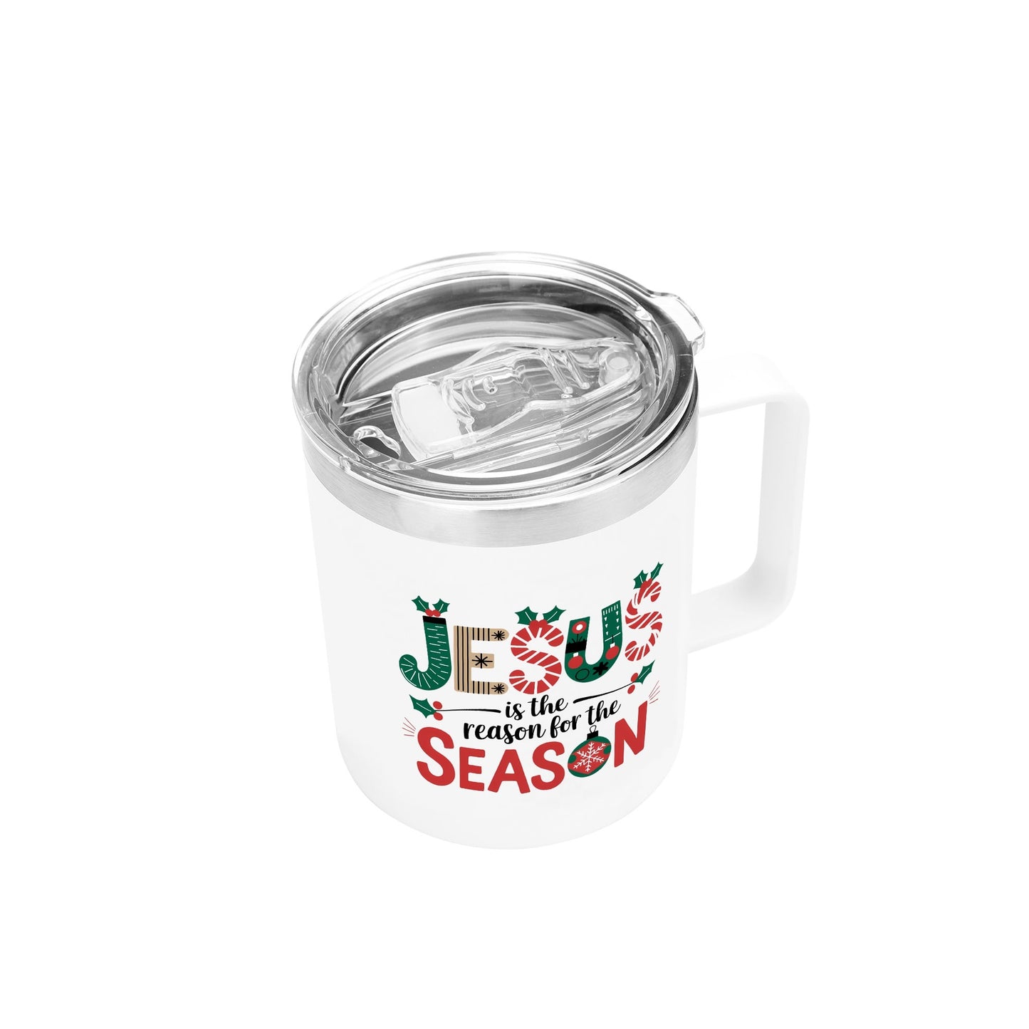 Jesus Is The Reason For The Season (christmas themed) Christian 12oz Stainless Steel Coffee Mug Coffee Cup with Lid and Handle