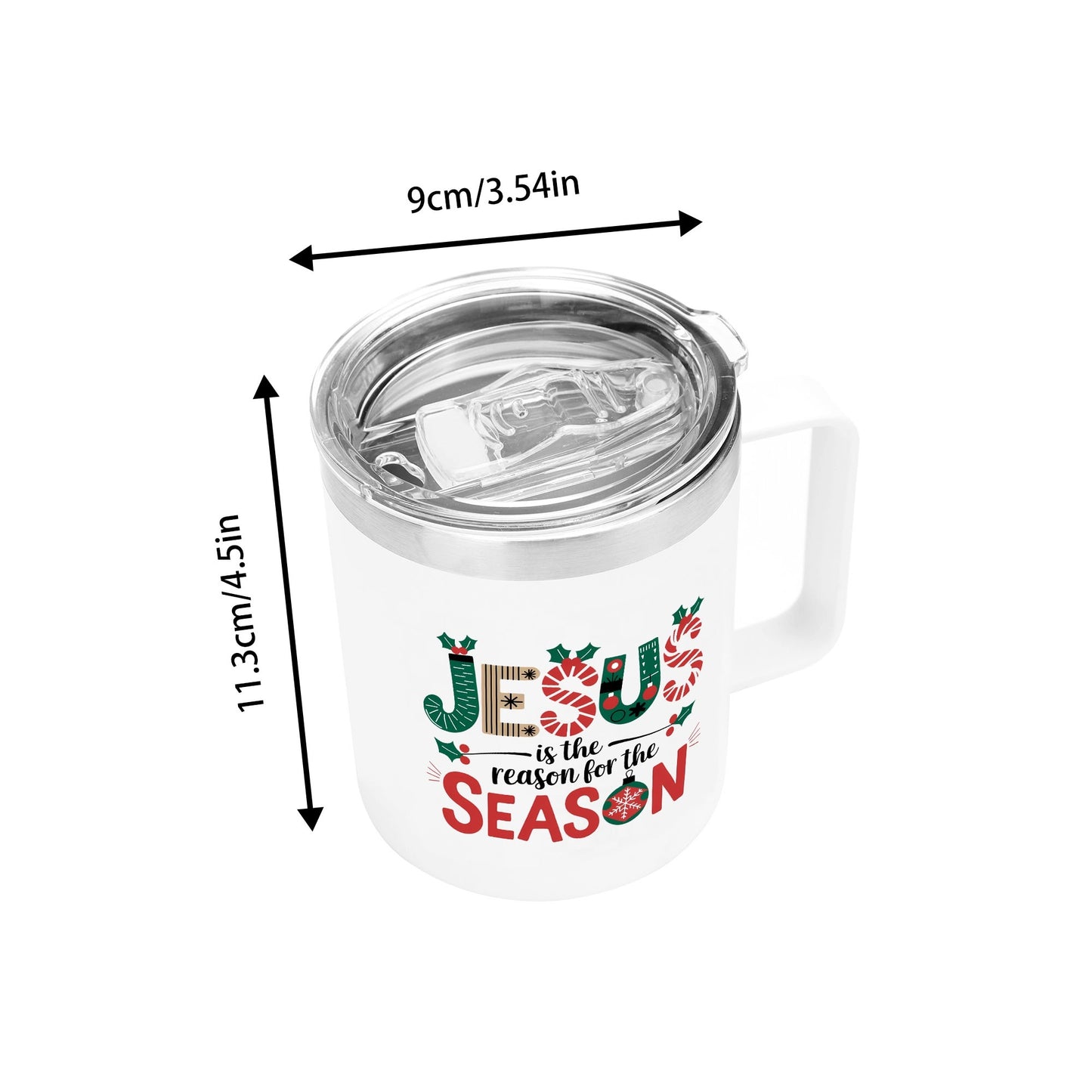 Jesus Is The Reason For The Season (christmas themed) Christian 12oz Stainless Steel Coffee Mug Coffee Cup with Lid and Handle