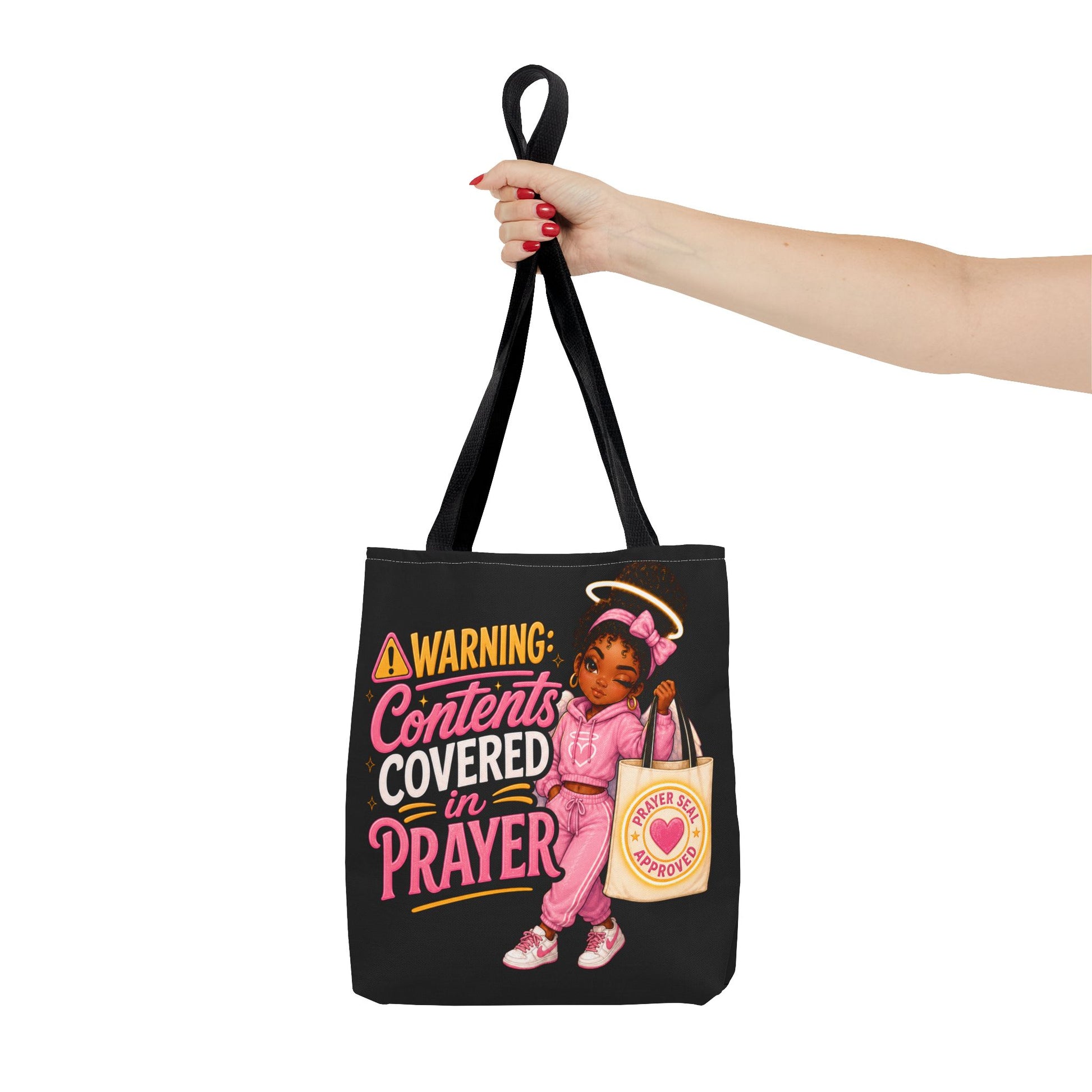 Tote Bag — "Warning: Contents Covered in Prayer" Pink Faith Tote - ClaimedbyGodDesigns