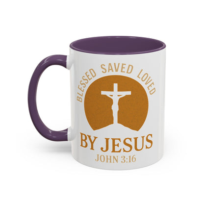 Inspirational Accent Coffee Mug - Blessed, Saved, Loved by Him | John 3:16