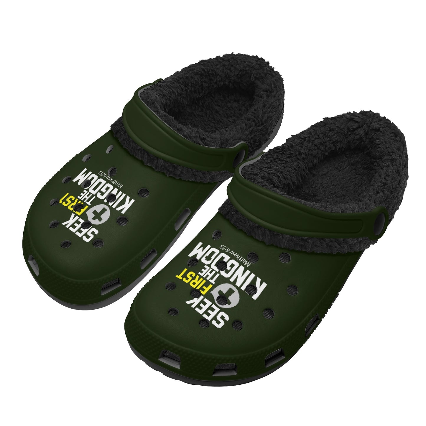 Seek First The Kingdom Adults Black Warm House Clogs Winter Fur Lined Garden Christian Slippers