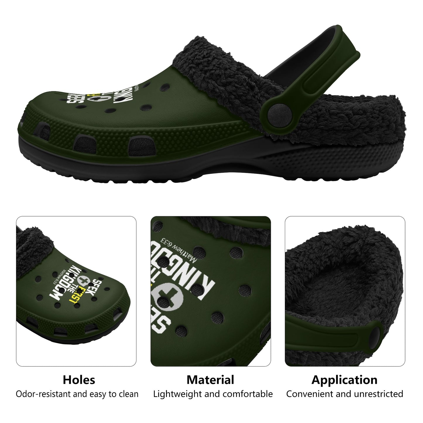 Seek First The Kingdom Adults Black Warm House Clogs Winter Fur Lined Garden Christian Slippers