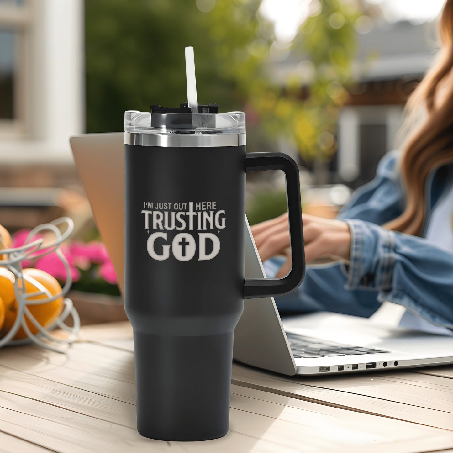 Im Just Out Here Trusting God 40oz Stainless Steel Christian Tumbler Travel Mug with Handle and Straw for Cup Holder