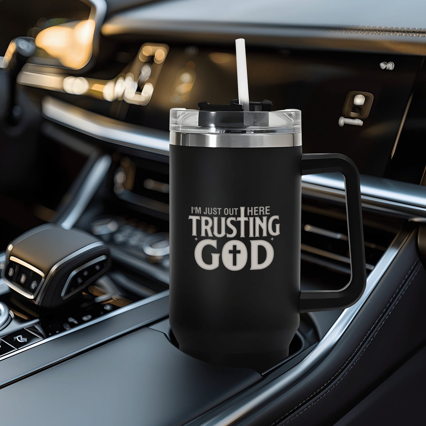 Im Just Out Here Trusting God 40oz Stainless Steel Christian Tumbler Travel Mug with Handle and Straw for Cup Holder