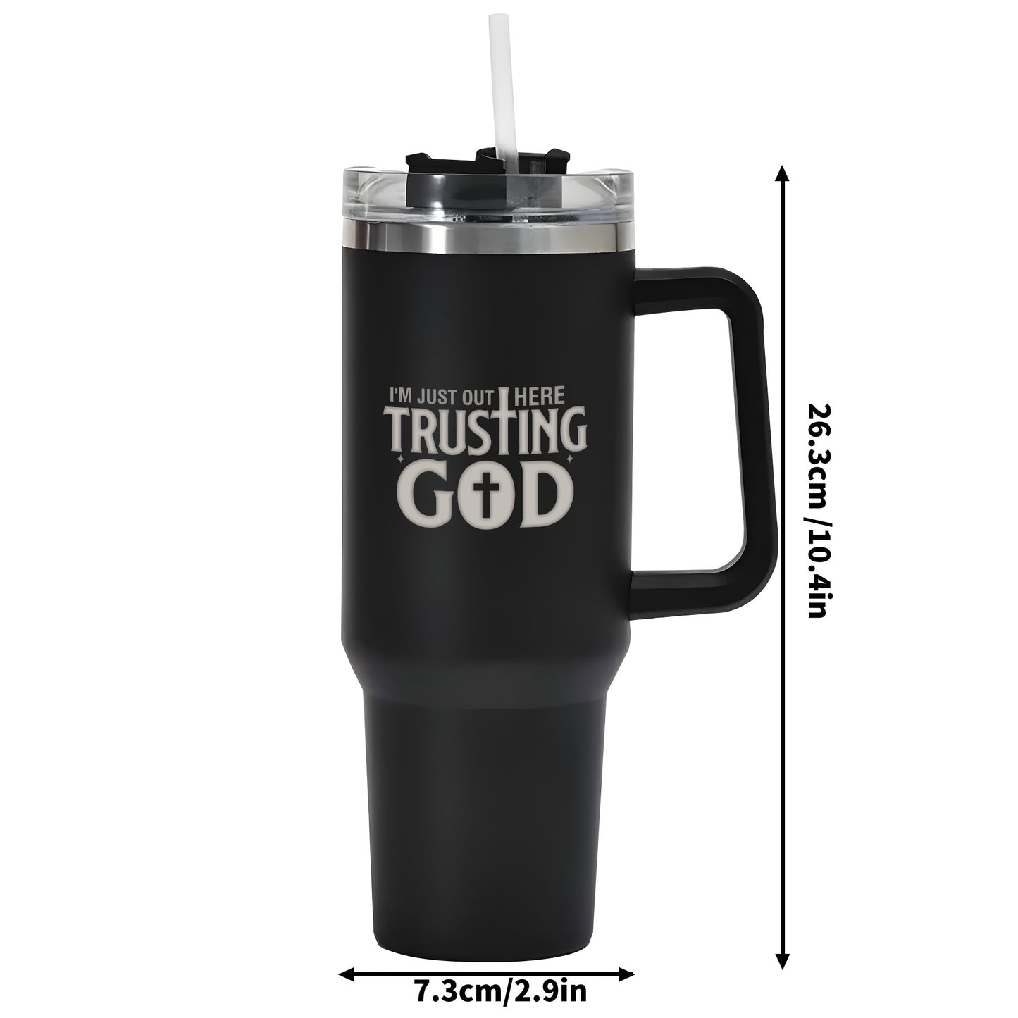 Im Just Out Here Trusting God 40oz Stainless Steel Christian Tumbler Travel Mug with Handle and Straw for Cup Holder