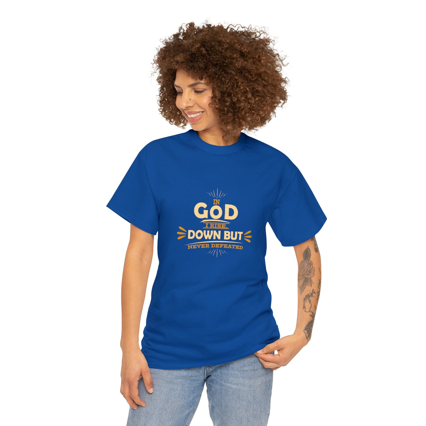 In God I Rise Down But Never Defeated  Unisex Heavy Cotton Tee