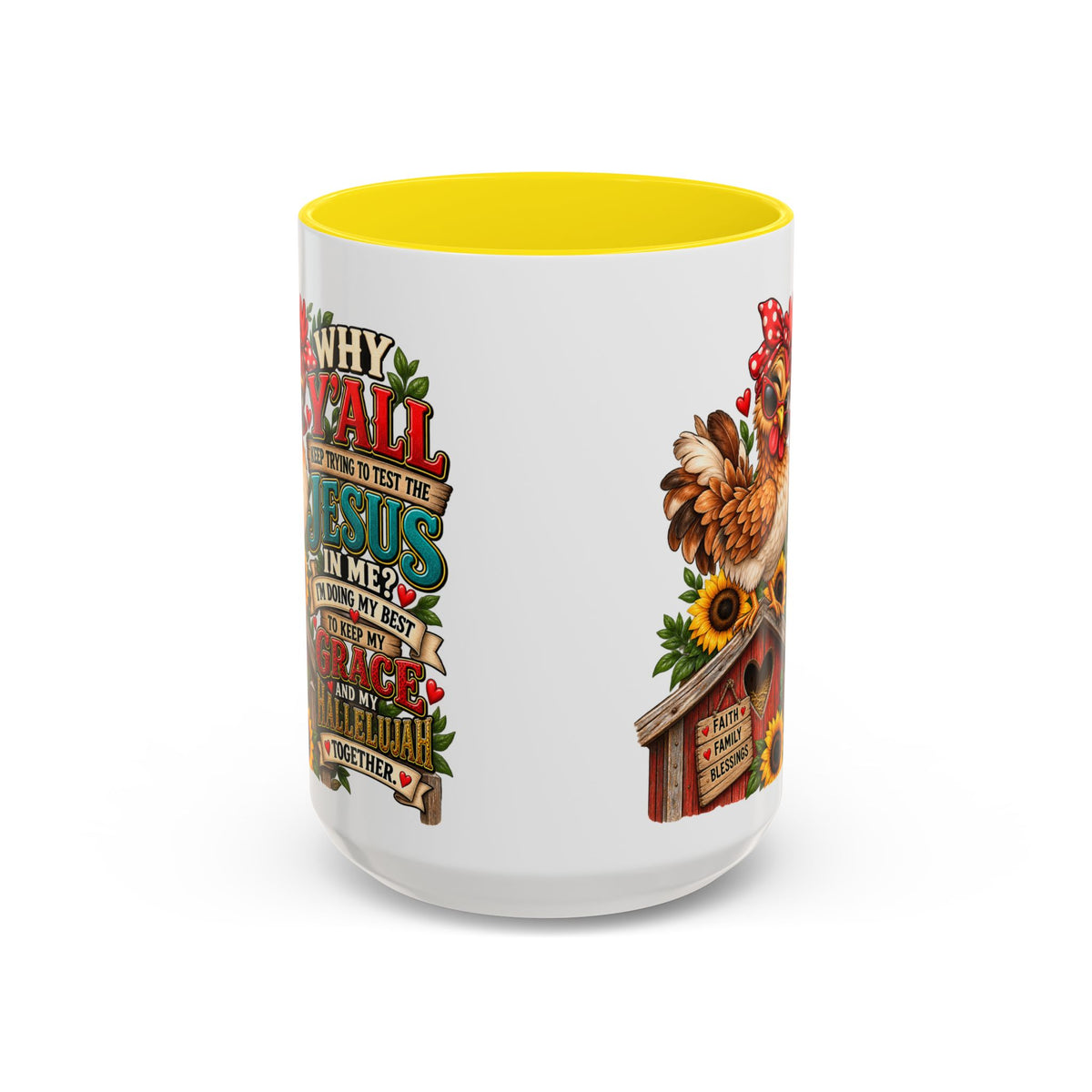Christian Farmhouse Coffee Mug — "Why Y'all Keep Trying to Put Jesus in Me?" Accent Mug