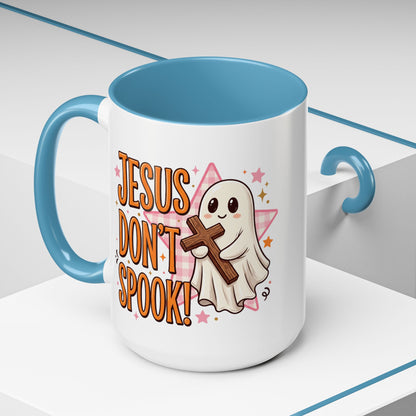 Accent Coffee Mug — "Jesus Don't Spook!" Cute Ghost Christian Coffee Mug (11/15oz)