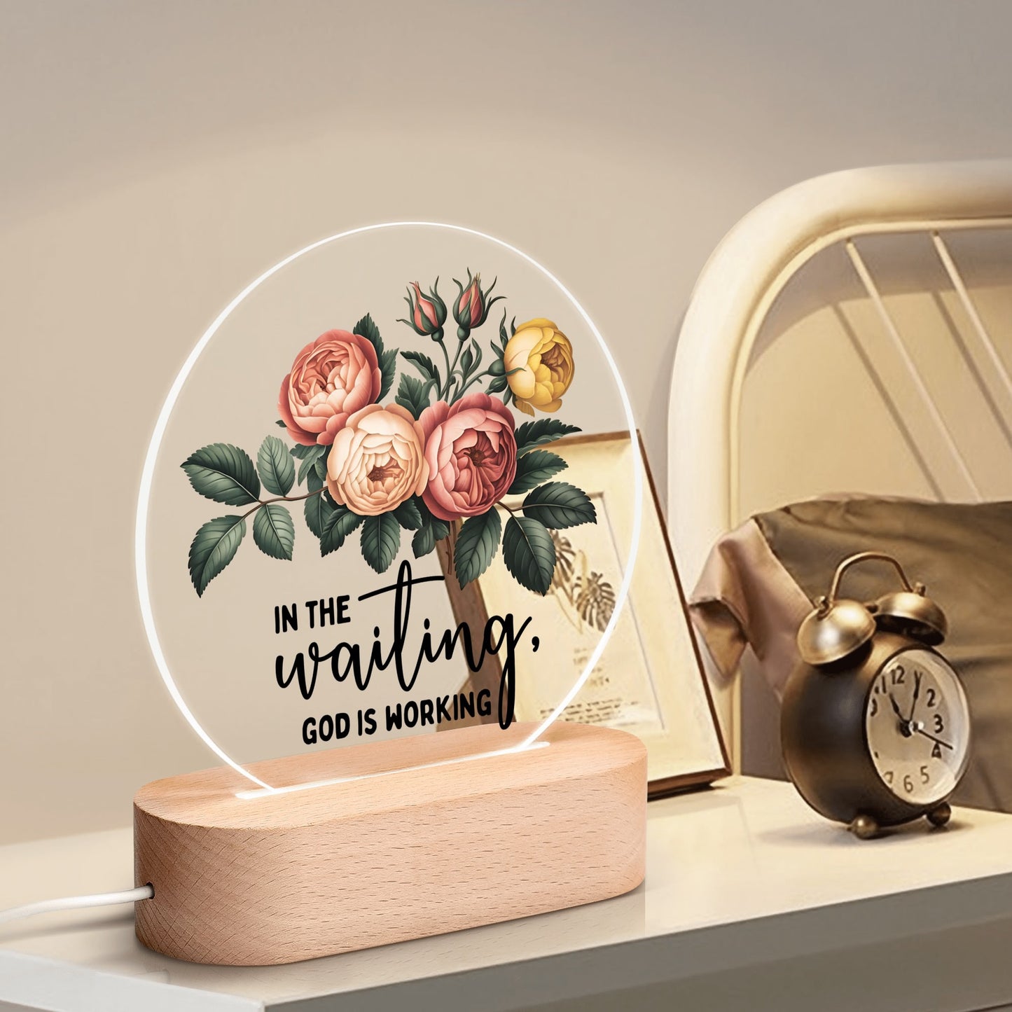 In The Waiting He Is Working Christian Acrylic Round Lamp Night Light Home Decor