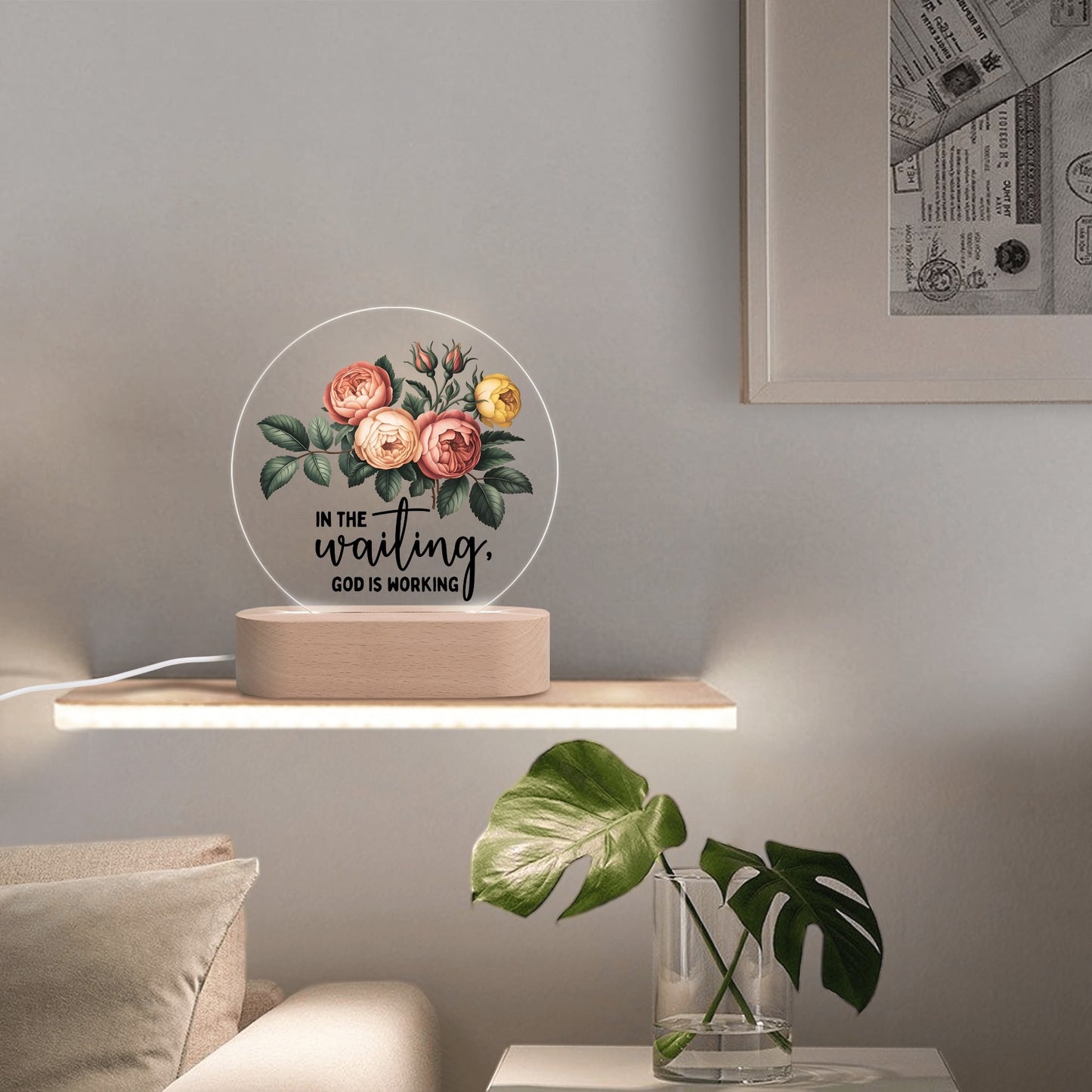 In The Waiting He Is Working Christian Acrylic Round Lamp Night Light Home Decor
