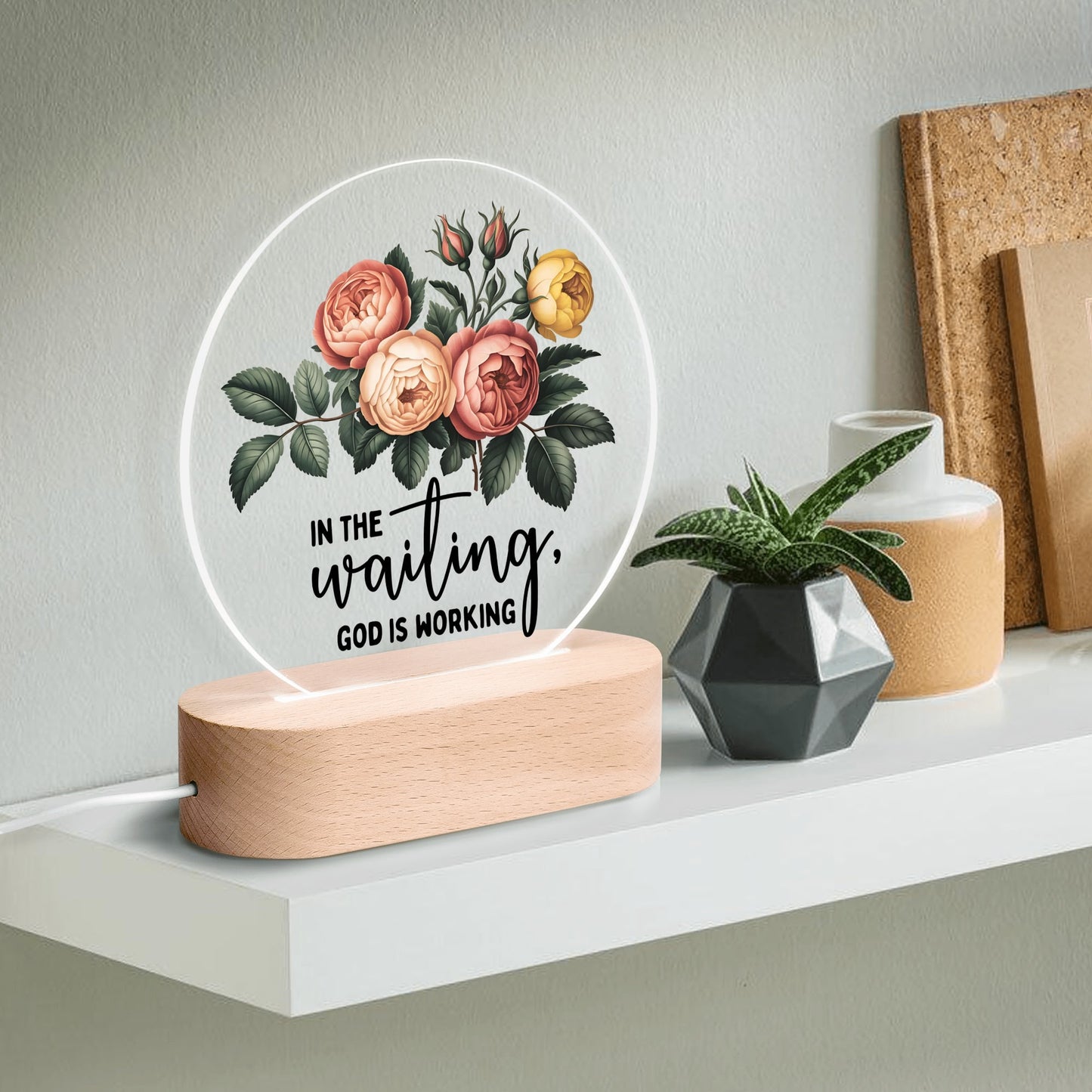 In The Waiting He Is Working Christian Acrylic Round Lamp Night Light Home Decor