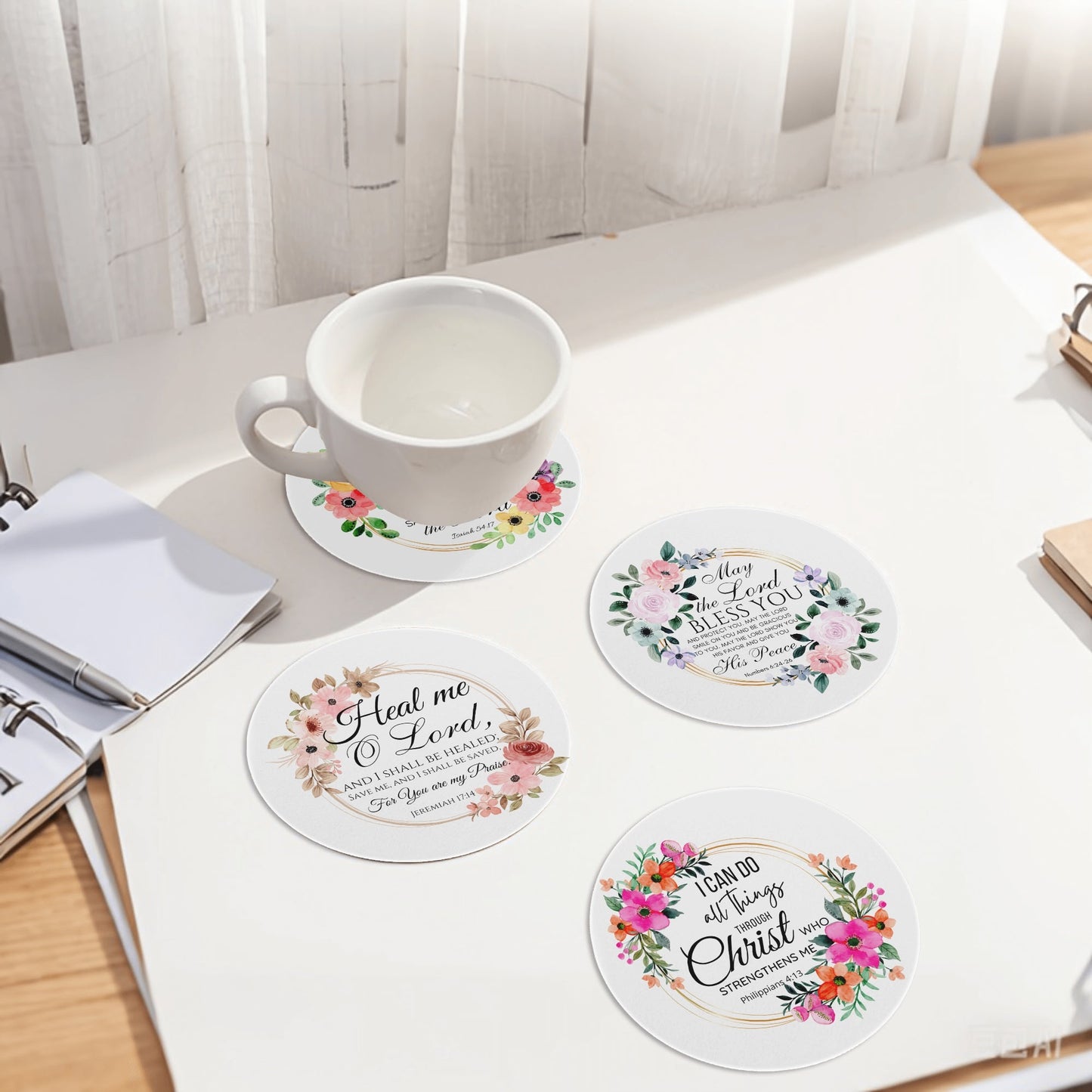 Bible Verse Decor | Christian Round Ceramic Coasters (Set of 4)