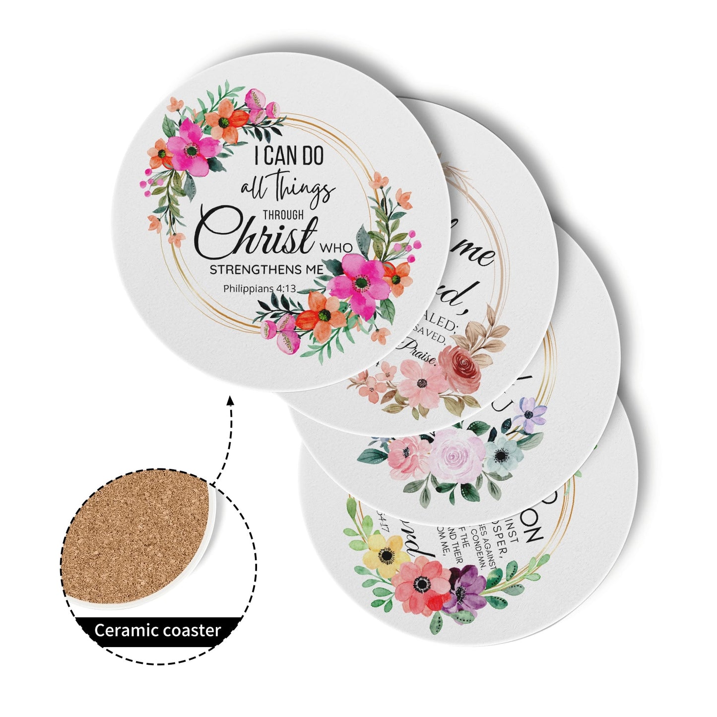 Bible Verse Decor | Christian Round Ceramic Coasters (Set of 4)