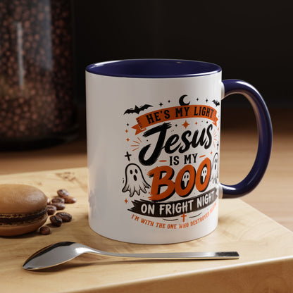 Christian Coffee Mug — "He's My Light, Jesus Is My Boo" Halloween Accent Mug