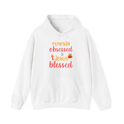 Pumpkin Obsessed And Blessed by Him Halloween Unisex Christian Pullover Hooded Sweatshirt