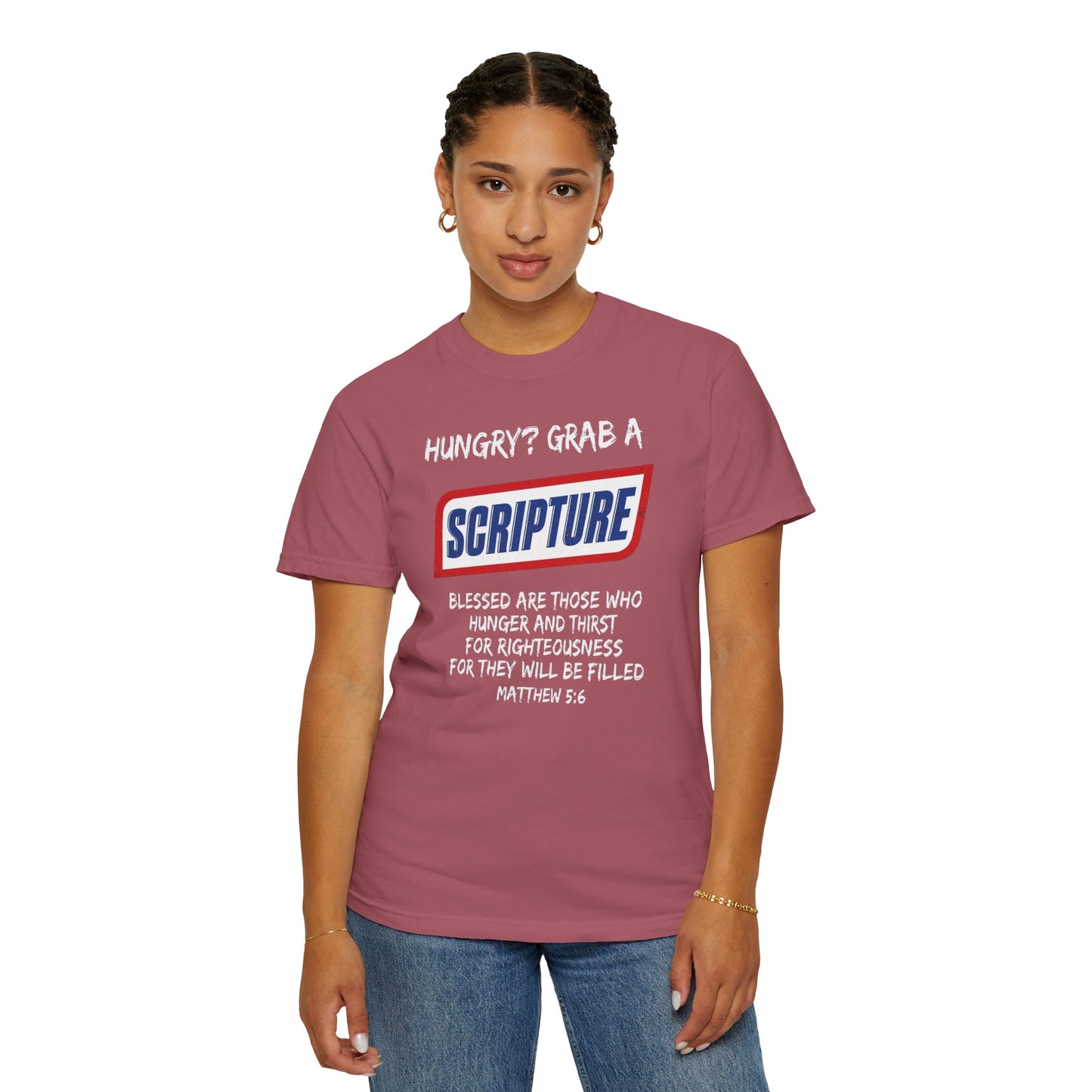 Scripture Snack T-Shirt — "Hungry? Grab a Scripture" Matthew 5:6 Christian Tee