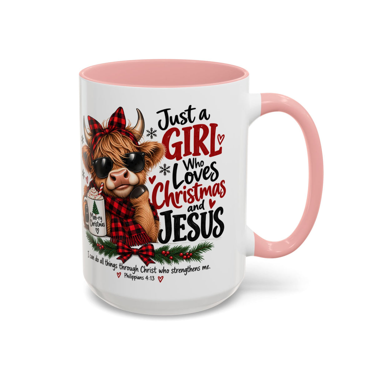 Just a Girl Who Loves Christmas and Jesus Highland Cow Coffee Mug