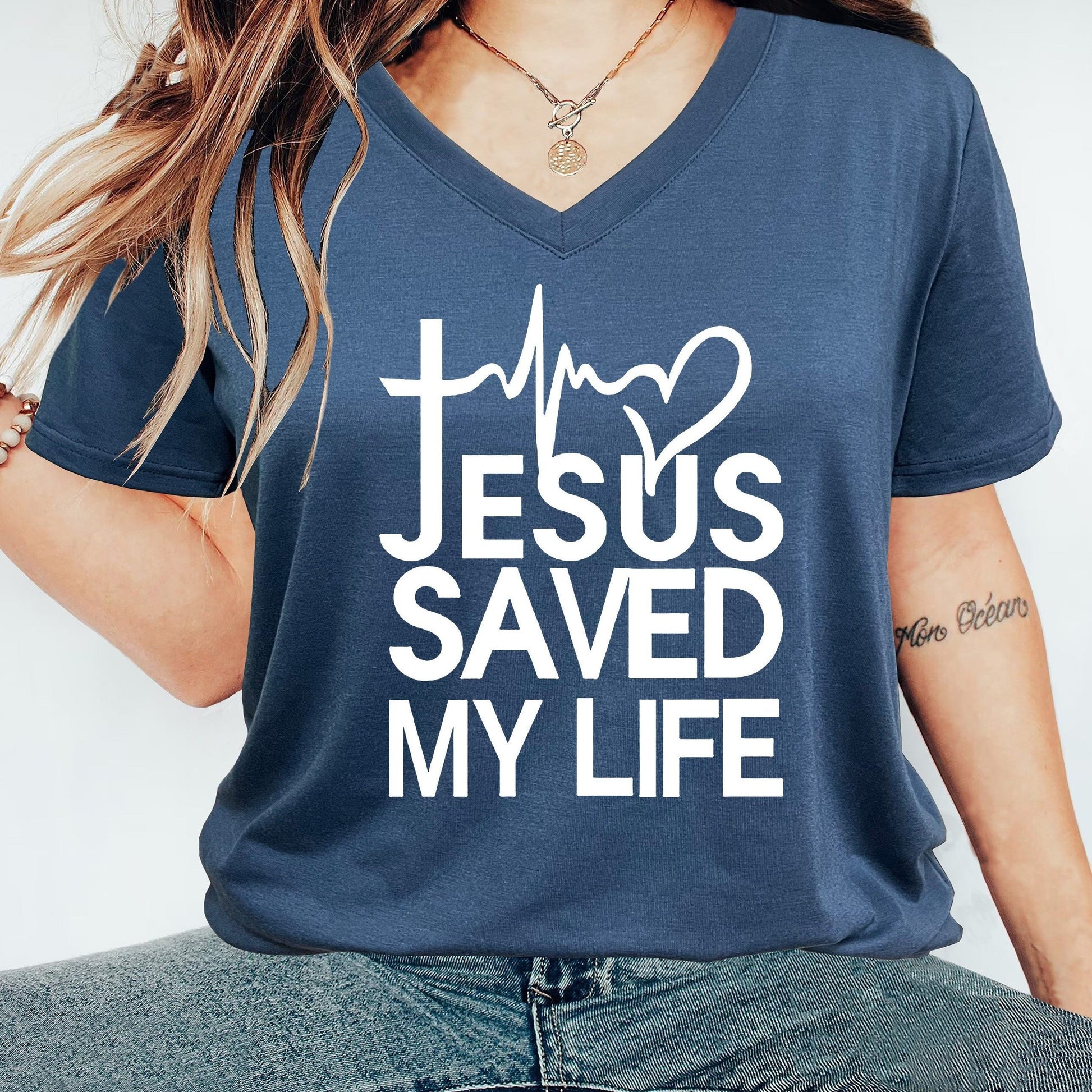 Jesus Saved My Life Women's Christian V Neck T-Shirt claimedbygoddesigns