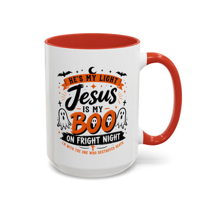 Christian Coffee Mug — "He's My Light, Jesus Is My Boo" Halloween Accent Mug
