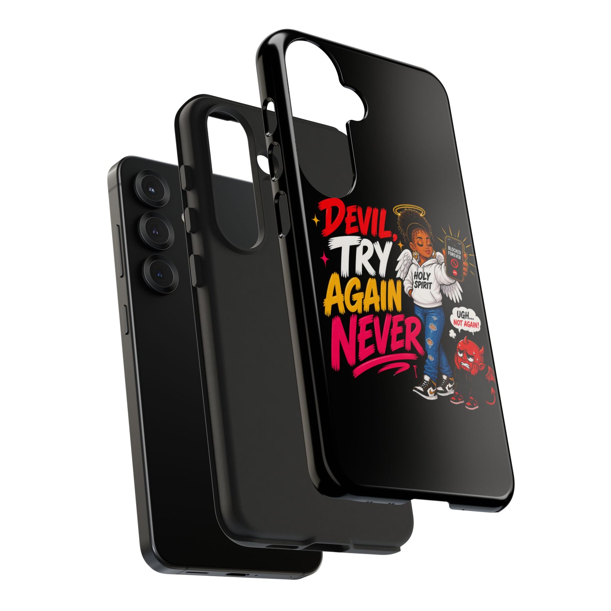 Phone Case — "Devil Try Again Never" Christian Graphic Tough Phone Case - ClaimedbyGodDesigns