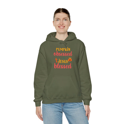 Pumpkin Obsessed And Blessed by Him Halloween Unisex Christian Pullover Hooded Sweatshirt