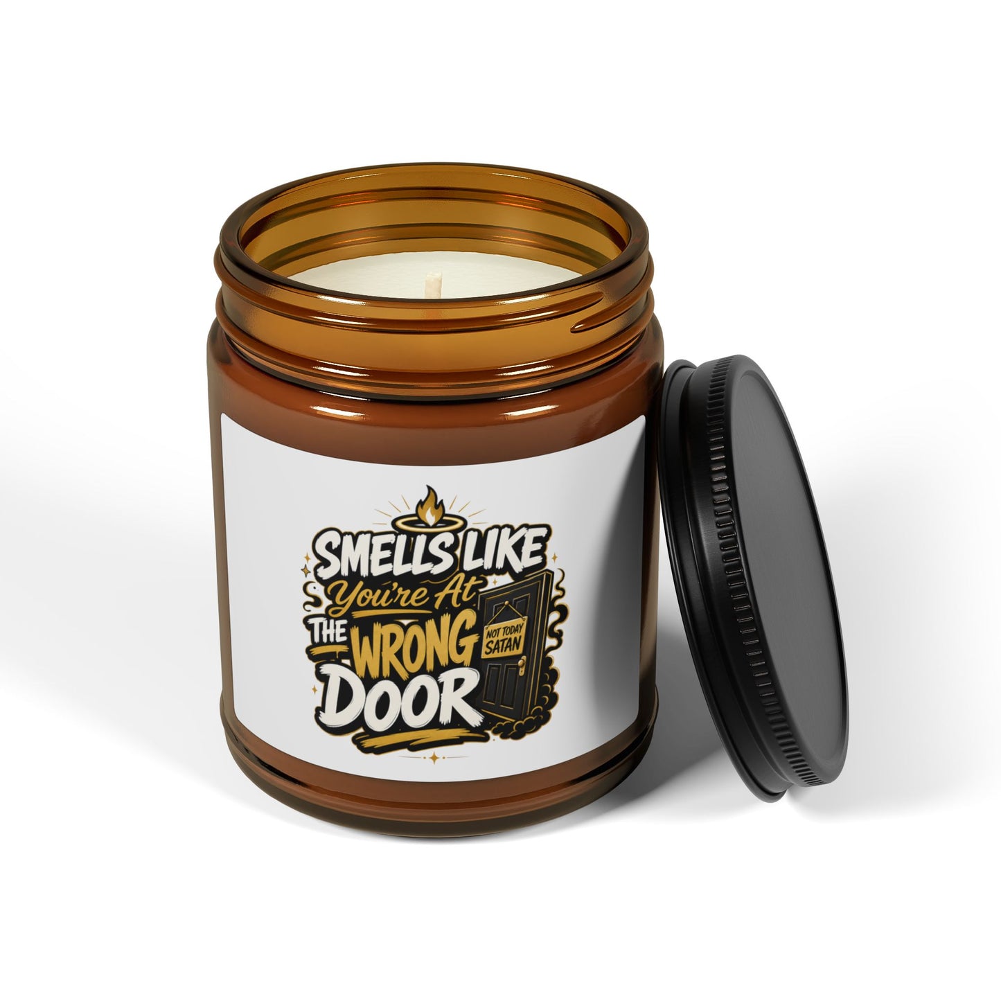 Scented Soy Candle — "Smells Like Someone Took the Wrong Door" Amber Jar