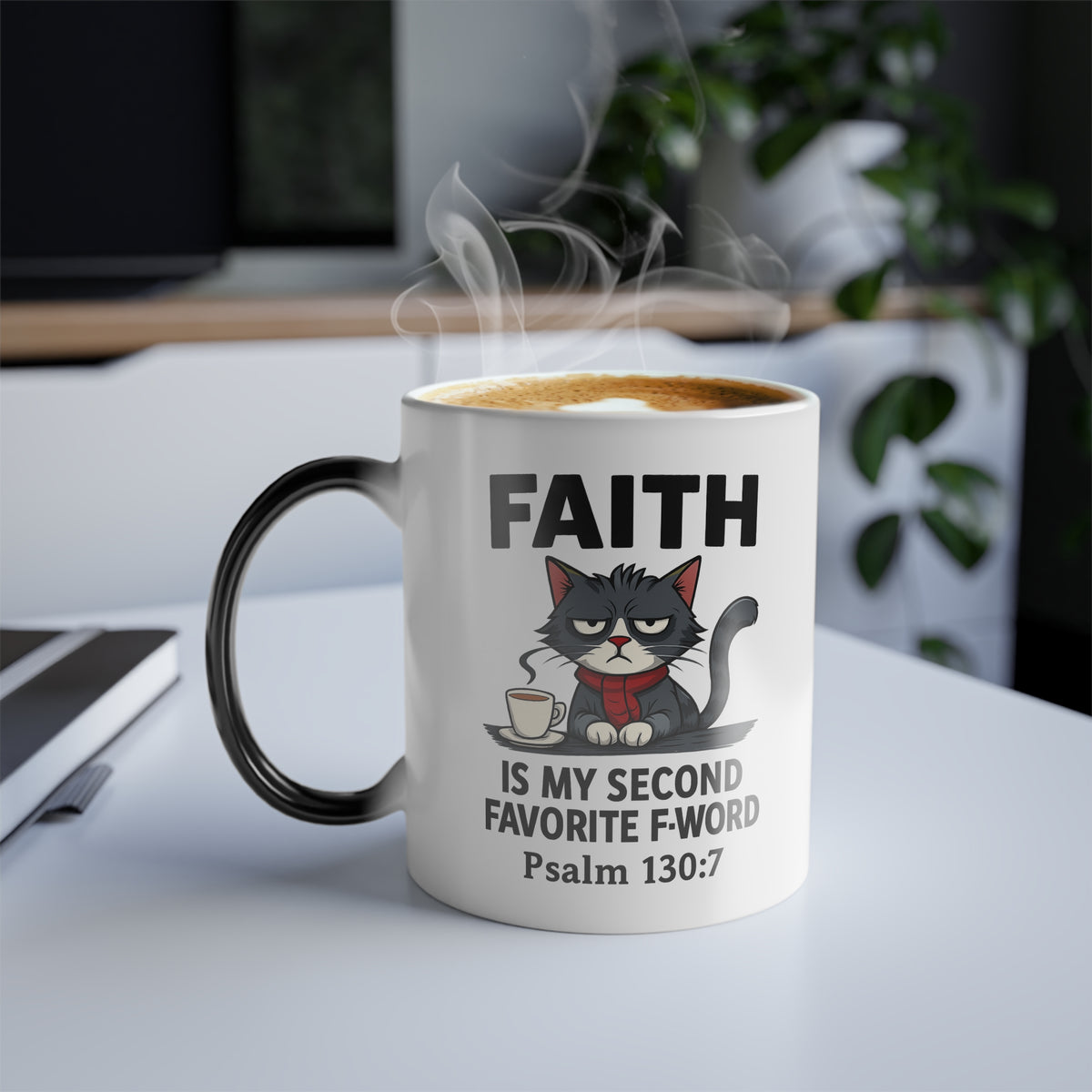 Funny Faith Color Morphing Mug, Unique Gift for Cat Lovers, Fun Coffee Cup, Color Changing Mug, Perfect for Birthdays, Cozy Home Decor - ClaimedbyGodDesigns