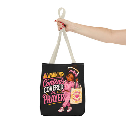 Tote Bag — "Warning: Contents Covered in Prayer" Pink Faith Tote - ClaimedbyGodDesigns