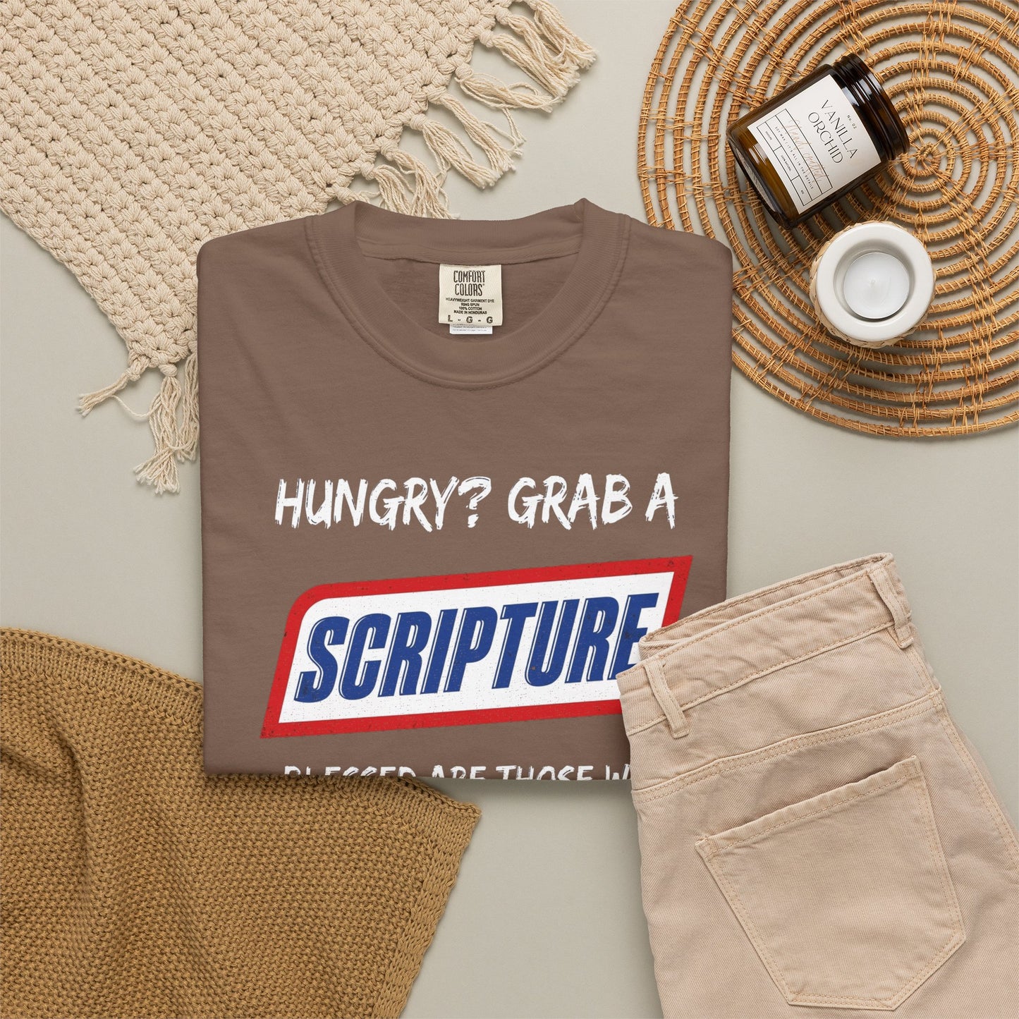 Scripture Snack T-Shirt — "Hungry? Grab a Scripture" Matthew 5:6 Christian Tee
