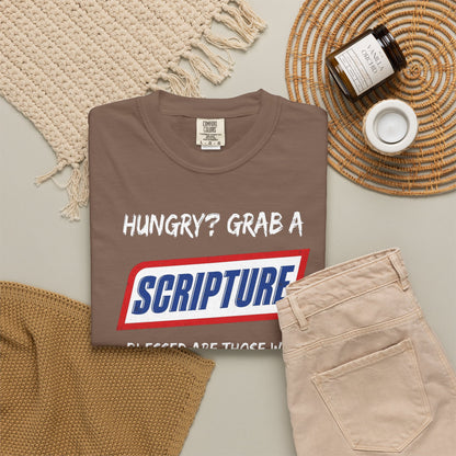 Scripture Snack T-Shirt — "Hungry? Grab a Scripture" Matthew 5:6 Christian Tee