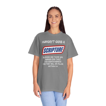 Scripture Snack T-Shirt — "Hungry? Grab a Scripture" Matthew 5:6 Christian Tee