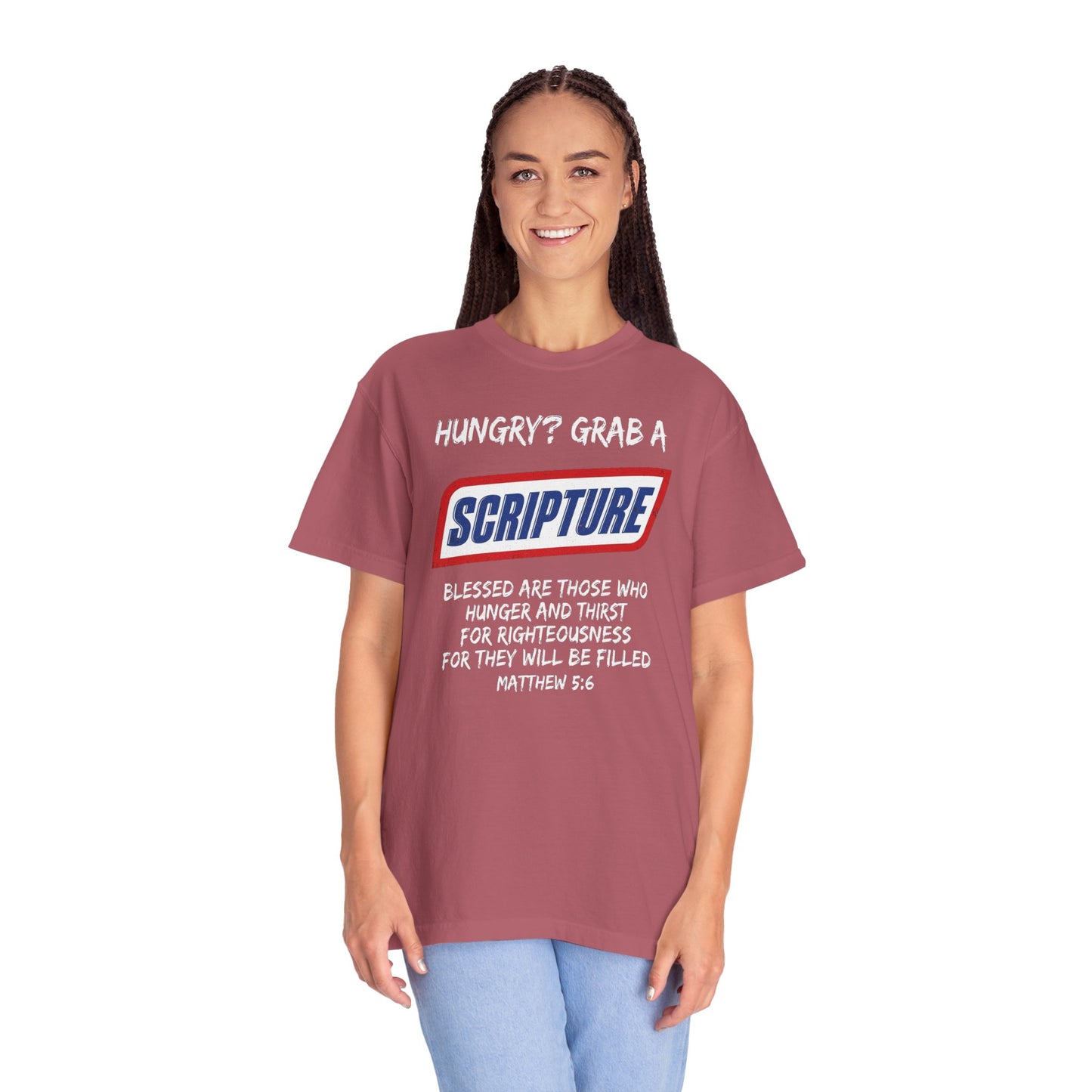 Scripture Snack T-Shirt — "Hungry? Grab a Scripture" Matthew 5:6 Christian Tee