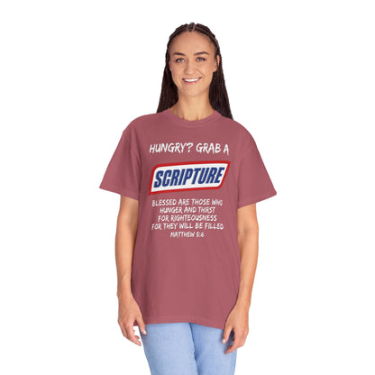 Scripture Snack T-Shirt — "Hungry? Grab a Scripture" Matthew 5:6 Christian Tee
