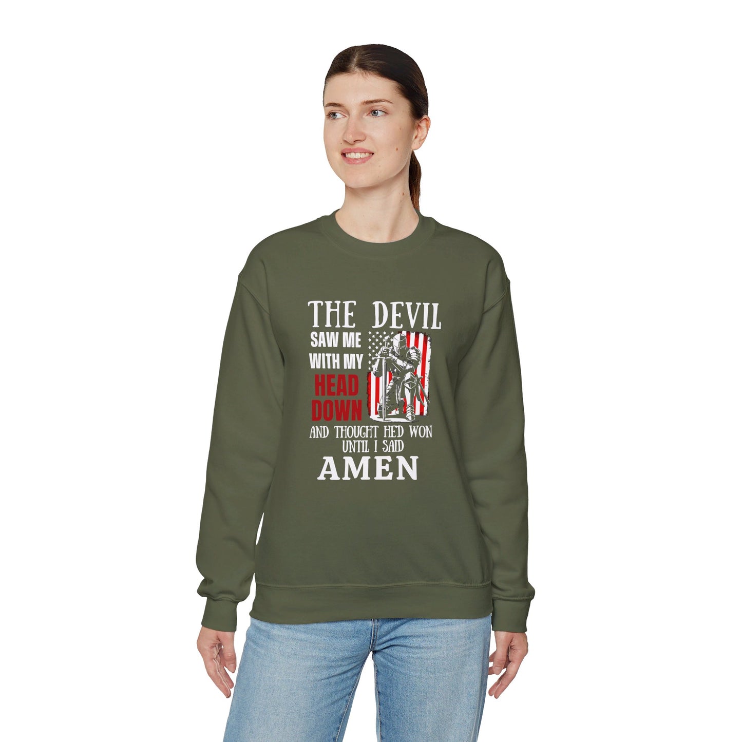 The Devil Saw Me With My Head Down And Thought He'd Won Until I Said Amen American Patriotic Flag Unisex Heavy Blend™ Crewneck Christian Sweatshirt