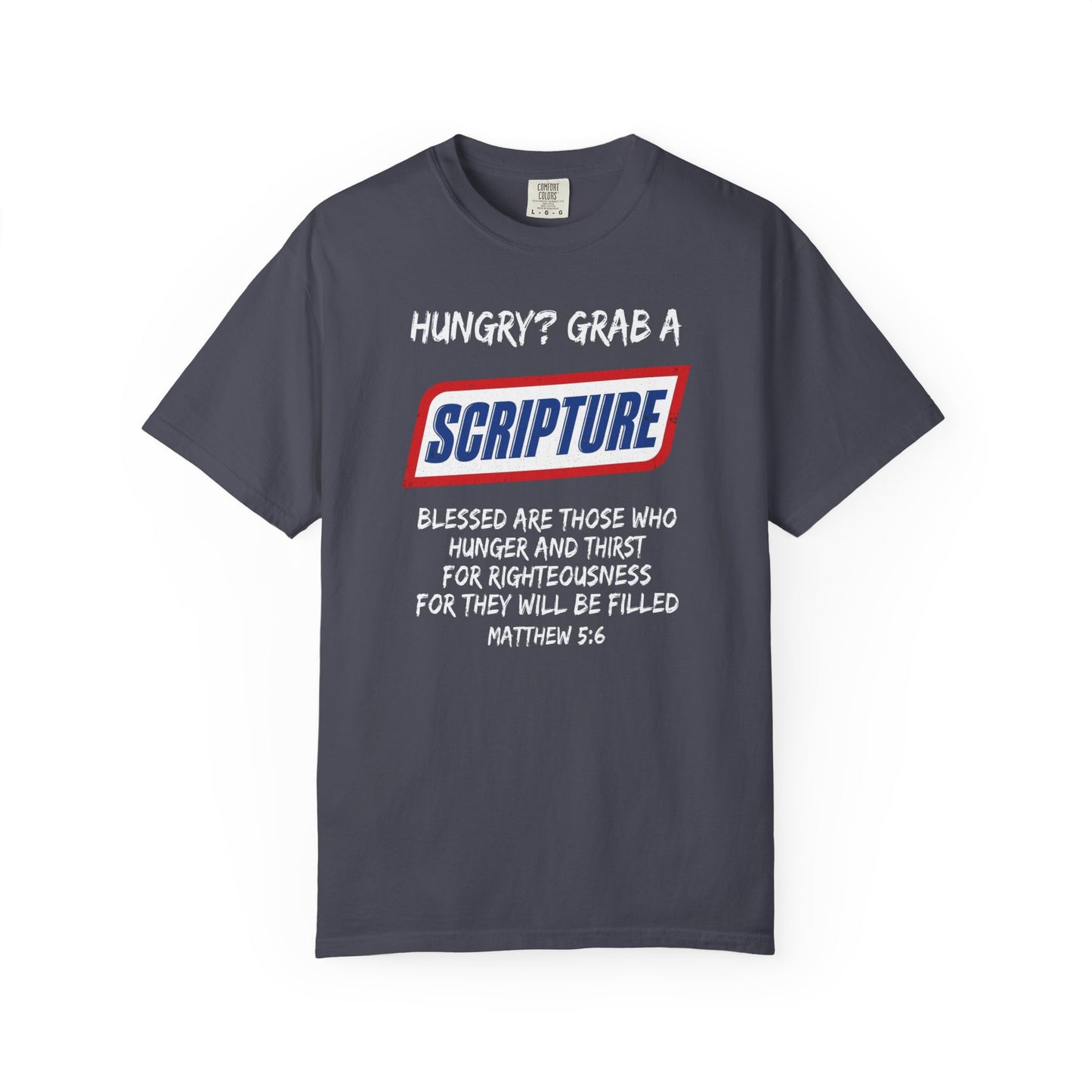 Scripture Snack T-Shirt — "Hungry? Grab a Scripture" Matthew 5:6 Christian Tee